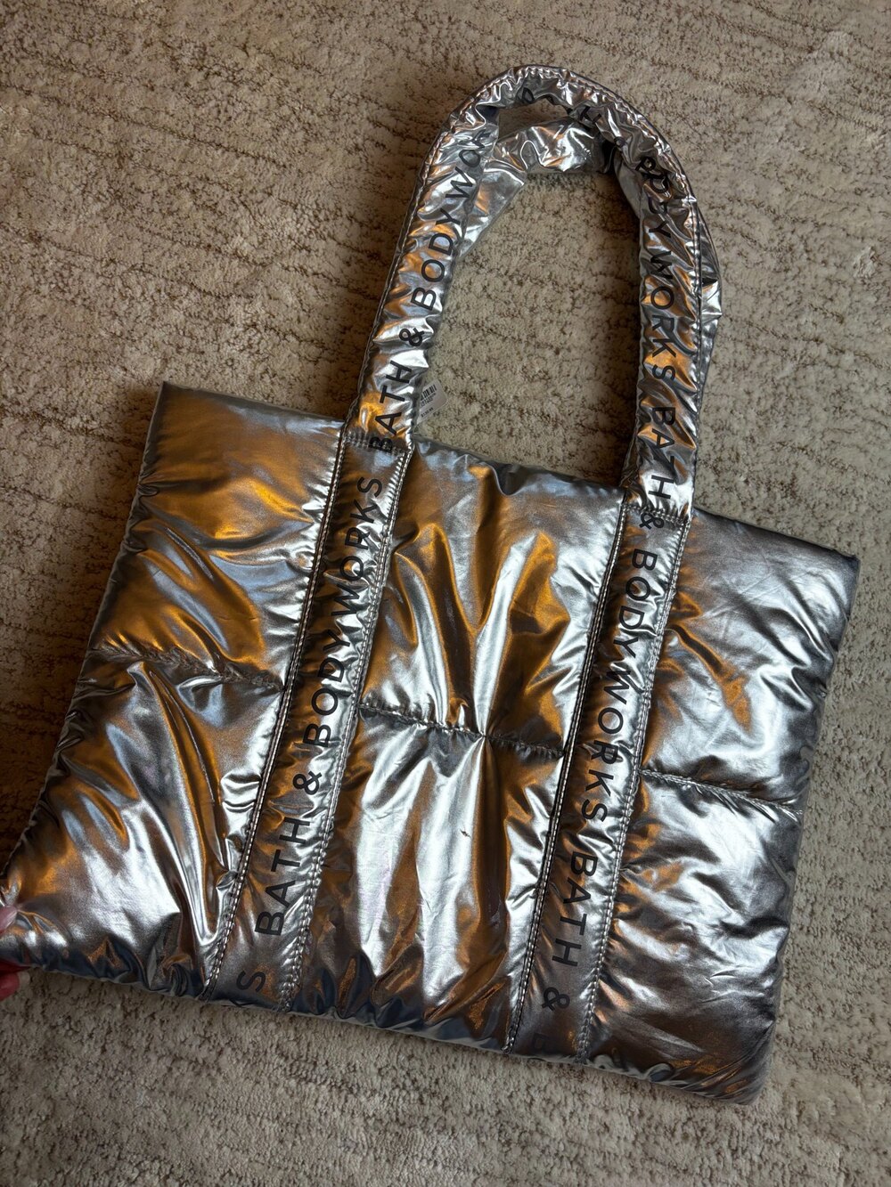 Bath & Body Works Metallic Silver Puffer Tote Bag Y2K Oversized